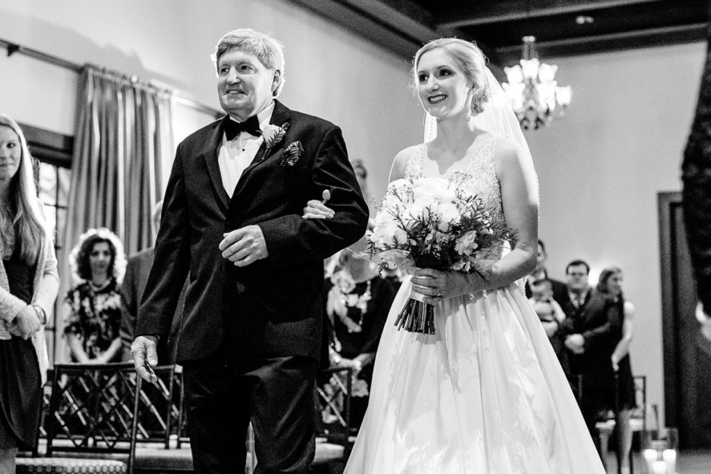 bride walking down aisle with father at the Inn at Leola Village by the Jepsons