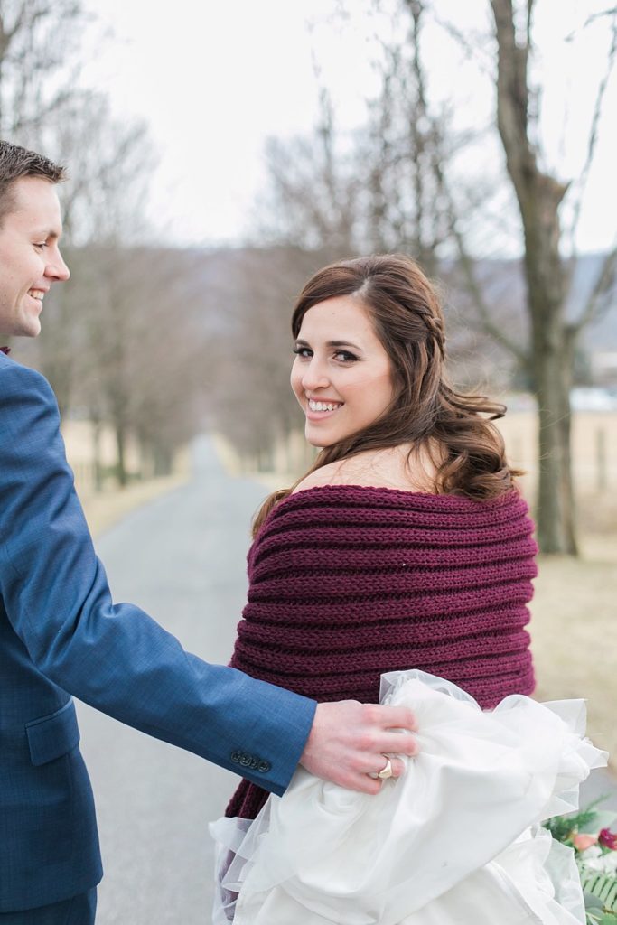 bride in burgundy shawl at Three Queens Farm in Bellefonte Pennsylvania by the Jepsons