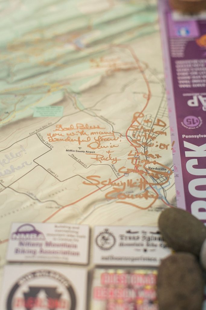 Purple Lizard Map of Rothrock State Forest for guest signatures at PA wedding reception by the Jepsons