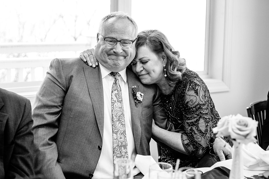 grooms parents cry during reception at Above the Valley Event Center in Central PA by the Jepsons