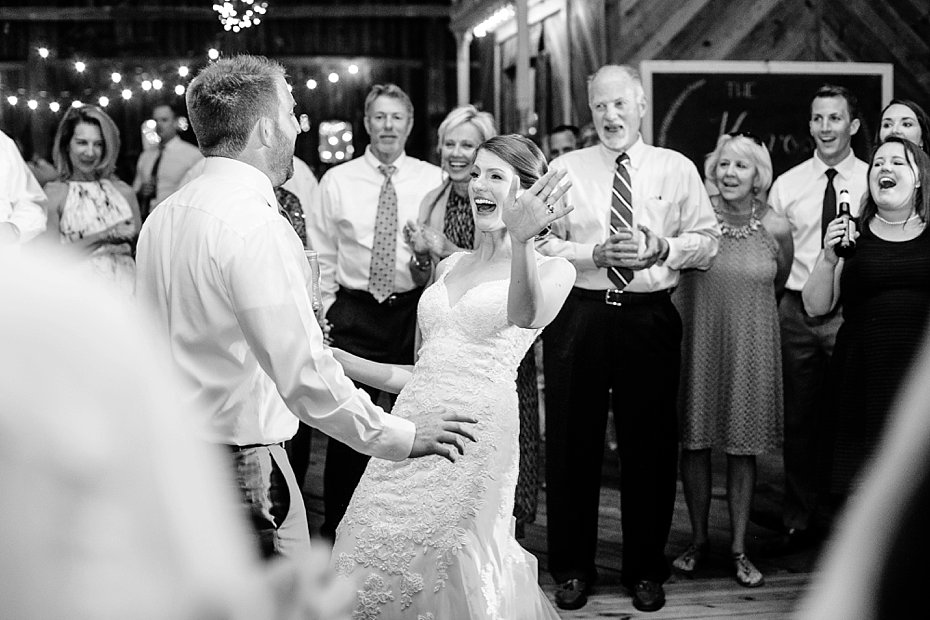 Bride and groom dance at barn wedding reception in Central Pennsylvania