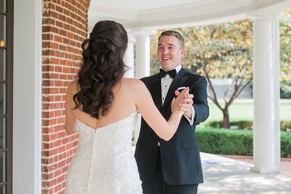 Groom sees bride outside rotunda at Omni Bedford Springs