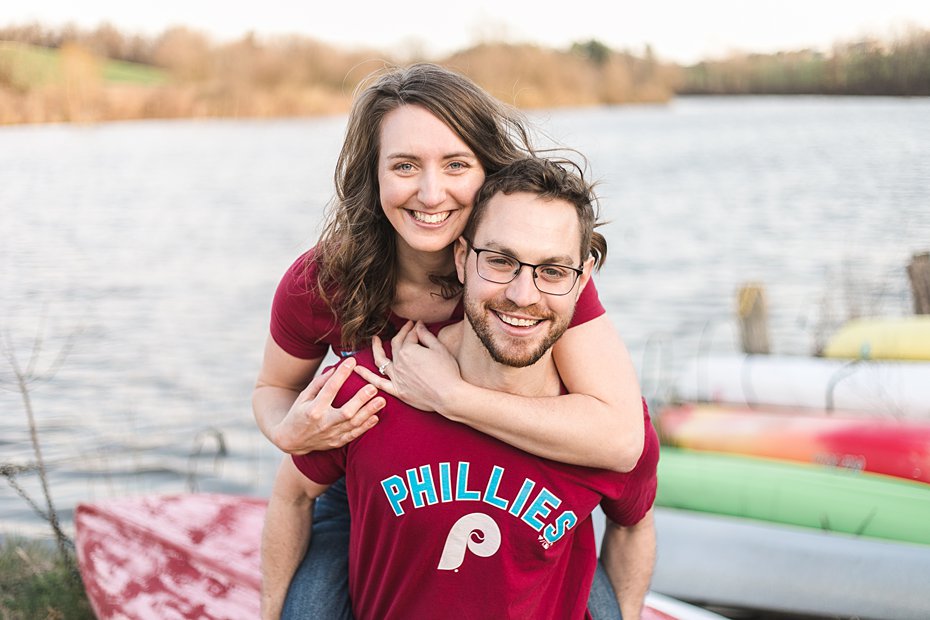 Couple wears matching T-shirts on banks of Speedwell Forge Lake in PA.