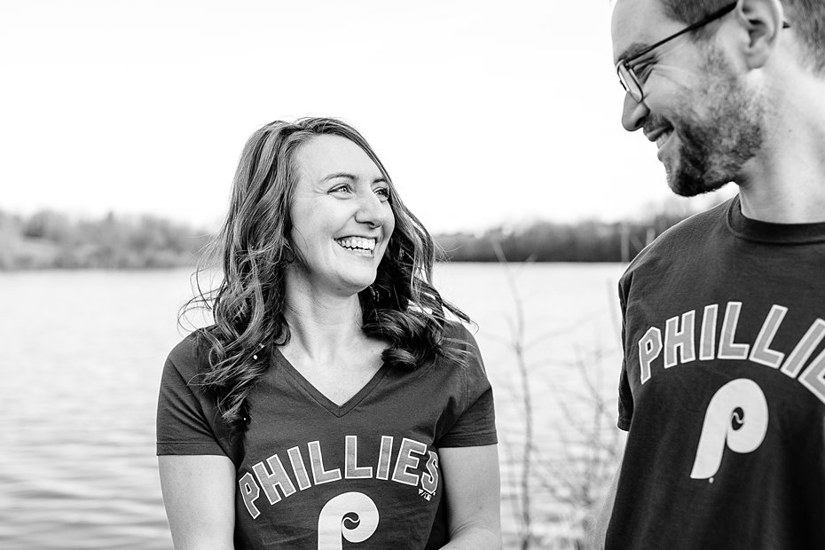 Couple wearing matching Philadelphia Phillies T-shirts at Speedwell Forge Lake in PA.